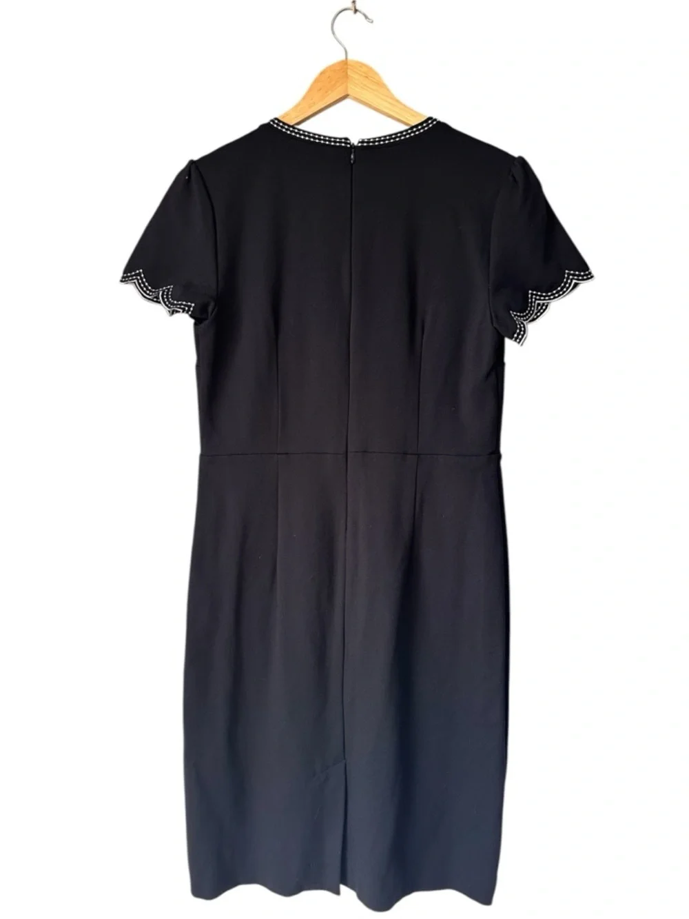 Ann Taylor Black Midi Dress with White Trim Scalloped Sleeves, 8